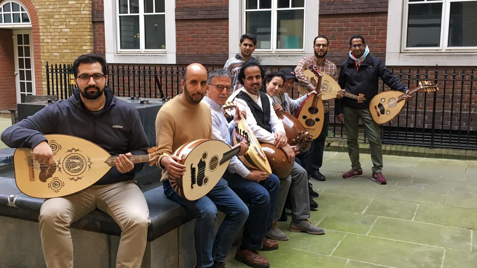 Adult oud students of Taqasim School gathered outside the London studio.